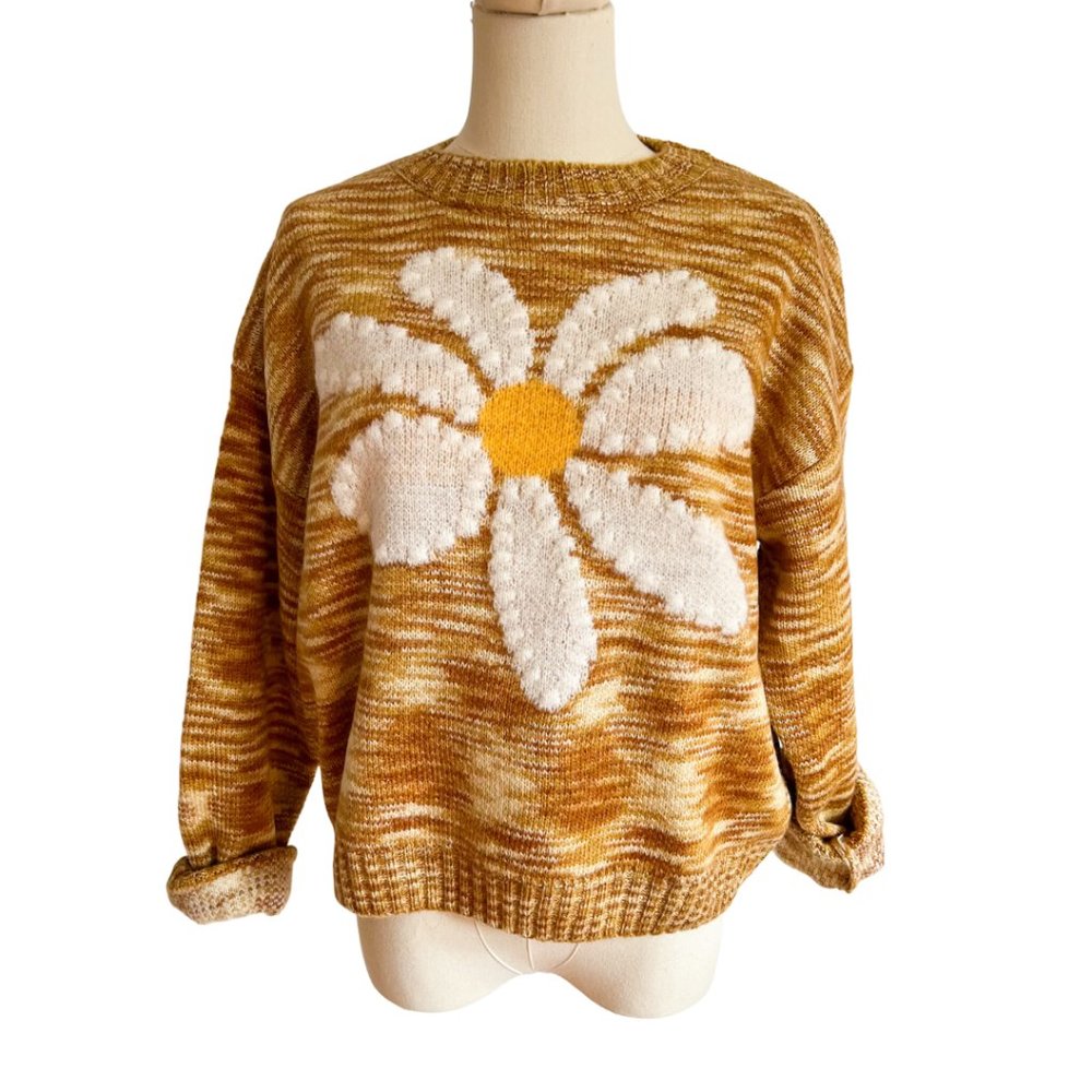Roolee - Marled Gold Sweater with Daisy Front - Size Medium